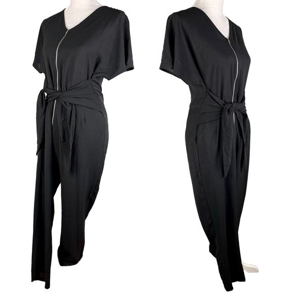 Polagram Jumpsuit Black Medium Short Sleeve Front Zipper V-Neck Tie - Picture 3 of 13